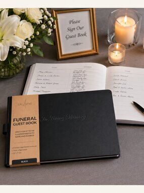 Skyline Funeral Guest Book Black Vegan Leather Hardcover Memorial Register New